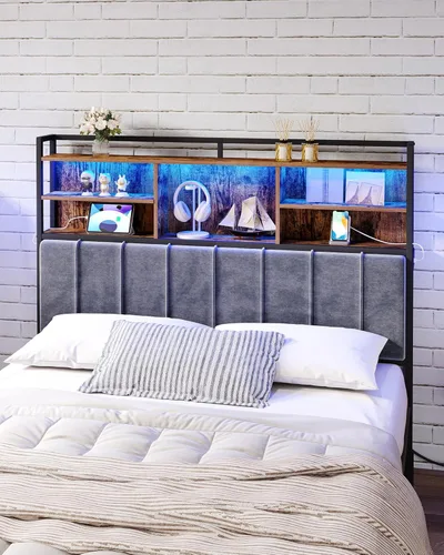 Miniatura 7 de Hzuaneri Cabecero con estantes de almacenamiento de 3 niveles, tablero de cabecera tapizado de terciopelo con 2 tomas, puertos USB y luz LED, Marrón