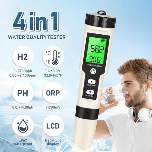 Miniatura 3 de Pruebador de Agua de Hidrógeno 4 en 1 pH, H2, ORP y Temp, Medidor de pH Medidor de ORP Probador de Hidrógeno para Agua con ATC y Retroiluminación