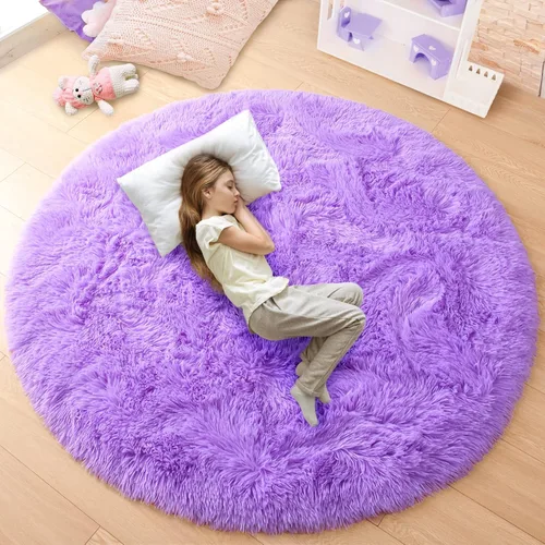 Miniatura 15 de junovo - Alfombra redonda y esponjosa para niños y niñas, de castillo de princesa, de felpa lanuda, para dormitorio, habitación de bebé, sala