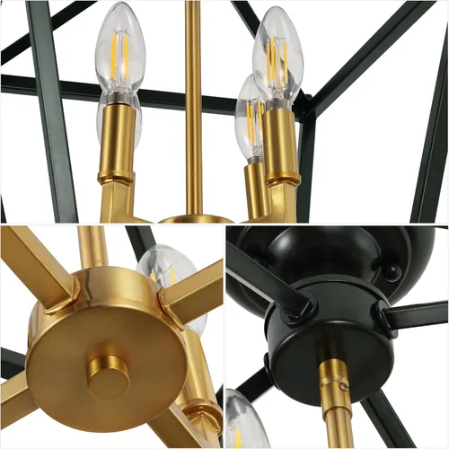 Miniatura 6 de JONATHAN Y Plains 12" Dark Green and Brass Gold 4-Light Iron Semi Flush Mount Lantern, Modern Farmhouse Open-Frame Pagoda with Metal Cage for