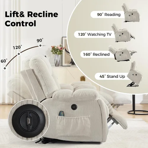 Miniatura 4 de HAOMARKETS Sillones reclinables de elevación eléctrica con masaje y calor para ancianos, silla reclinable eléctrica con portavasos y puerto USB