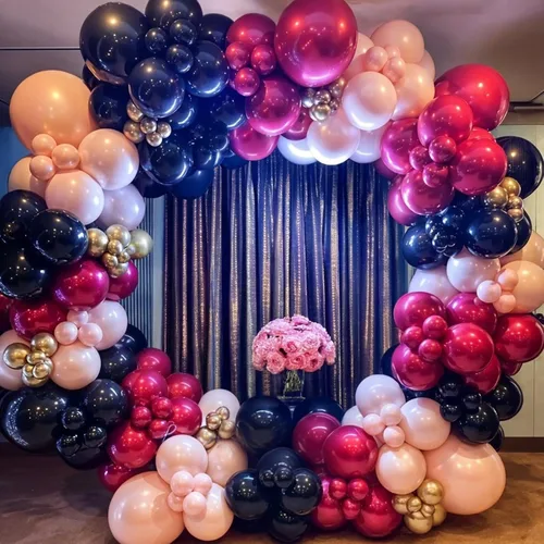 Miniatura 6 de Globos rosados y negros, 60 piezas de 12 pulgadas, color rosa intenso, rosa claro, negro, confeti, globos metálicos rosados para fiesta temática