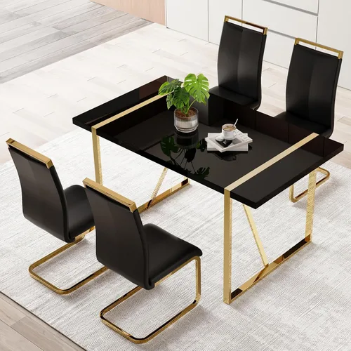 Miniatura 40 de Mesa de comedor Ebullient para 4, mesa de comedor rectangular negra de MDF, tapa de mesa de cena de mármol falso, mesa de comedor moderna con marco
