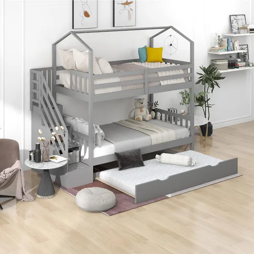Miniatura 12 de Actual Literas de casa con tobogán, litera de madera maciza individual sobre cama individual con escaleras, techo, barandillas, cama alta de madera