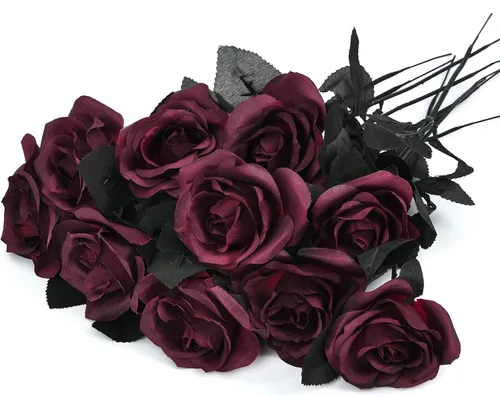 Artflower Paquete de 10 ramos de rosas artificiales de seda con tallo largo, rosas artificiales realistas de color rojo vino de 16 pulgadas para