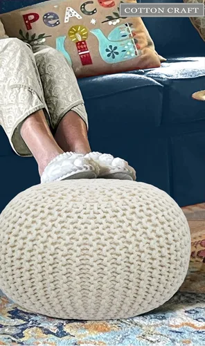 Miniatura 4 de Puf Cotton Craft tejido a mano con estilo de cable Dori Pouf, otomano para el piso, 100 % algodón trenzado, hecho y cosido a mano, un asiento único