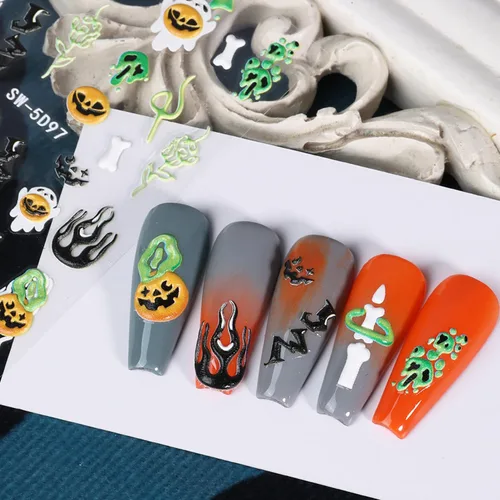 Miniatura 6 de 6 hojas de calcomanías de arte de uñas de Halloween, 5D estéreo, autoadhesivas, diseño de ojos holográficos, fantasma, llama, calabaza, día