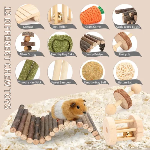 Miniatura 4 de Accesorios para jaula de hámster YIXUND, 12 juguetes diferentes para masticar para conejillo de indias, chinchillas, jerbos, ratones, ratas, ratón