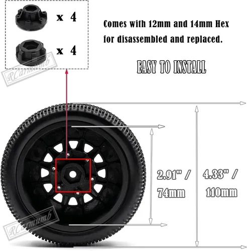 Miniatura 3 de 4 neumáticos de camión Rc, ruedas y neumáticos hexagonales RC de 0.472 in/0.551 in para 1/10 Slash 2WD 4×4 4wd, Arrm a Senton Axia1 Red cat Rc 4wd