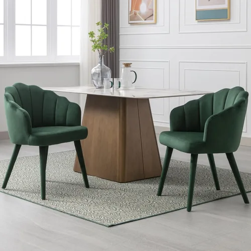 Miniatura 13 de Juego de 2 sillas de comedor de terciopelo modernas con respaldo de pétalos y patas de madera, cómodas sillas laterales tapizadas para comedor, Negro