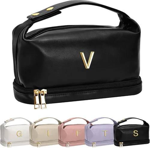 Miniatura 139 de Bolsa de maquillaje con asa, bolsa de cosméticos impermeable de doble capa, bolsas de maquillaje de cuero PU de gran capacidad con letra, bolsa