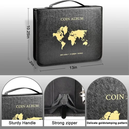 ANKHOH Soporte para libros de colección de monedas con cremallera para coleccionistas, 200 bolsillos para monedas y 30 fundas para billetes, de piel