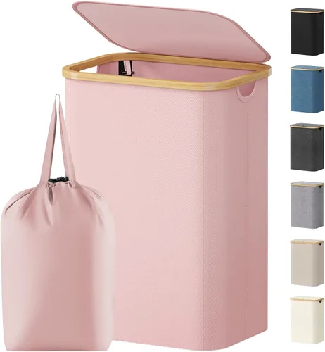 Miniatura 37 de Lifewit Cesta de ropa de 120L con tapa, cestas de ropa para lavandería con asas de bambú y una bolsa de lavandería extraíble, cesta plegable grande