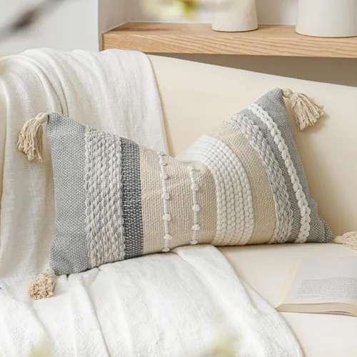 Miniatura 18 de BlissBlush Funda de almohada bohemia gris de 22 x 22 pulgadas, almohada decorativa gris para sofá, funda de almohada cuadrada tejida con textura