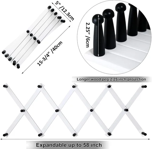 Miniatura 3 de WEBI Perchero de Pared Acordeón, Perchero de Sombreros de Madera Expandible para Perchero de Abrigos Montado en Pared, Soporte de Ganchos Acordeón