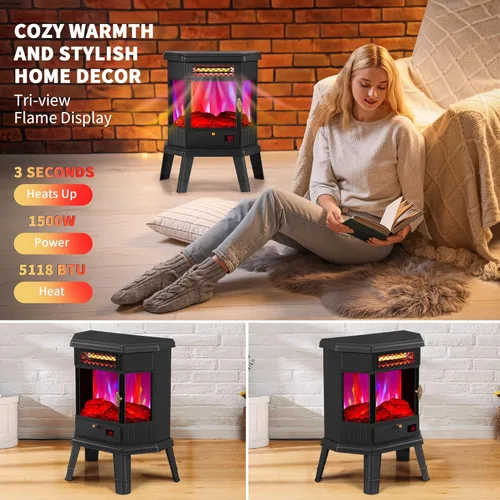 Miniatura 4 de RealSmart Calentador eléctrico de chimenea de 22 pulgadas, estufa de chimenea independiente de cuarzo infrarrojo para uso en interiores con control