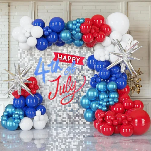 PartyXpress Kit de guirnalda de arco de globos rojos, azules y blancos con globos de aluminio de estrella plateada para fiestas patrióticas,