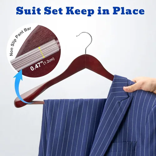 Miniatura 4 de HOUSE DAY Perchas de madera para hombres, perchas de madera de hombro ancho con barra antideslizante para pantalones, acabado retro liso, gancho