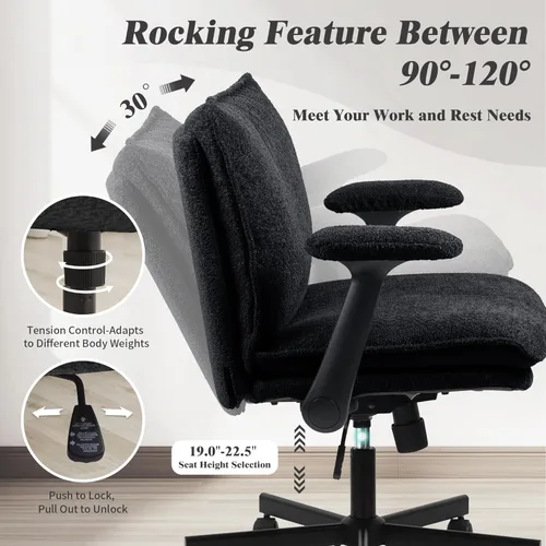 Miniatura 4 de Kassipo Silla de oficina con patas cruzadas con ruedas y brazos abatibles, silla de escritorio tapizada con cruz, sillas de asiento ancho para Negro
