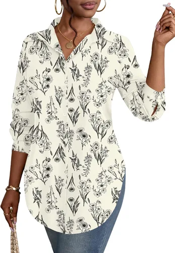 Miniatura 14 de Rooscier Blusa larga con cuello en V para mujer, manga larga, abertura lateral, con botones