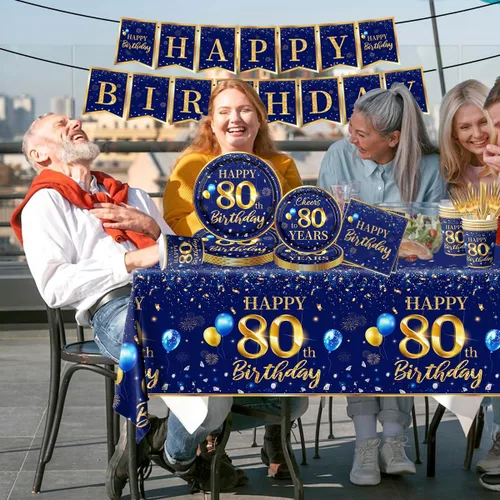 Miniatura 3 de Decoración de 80 cumpleaños para hombres - Juego de vajilla de cumpleaños azul marino y dorado de 142 piezas (sirve para 20) Incluye pancarta
