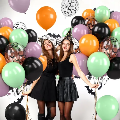 Miniatura 7 de 50 globos de Halloween, globos de 12 pulgadas, globos morados negros y anaranjados de 12 pulgadas, globos de confeti de murciélago, globos de látex