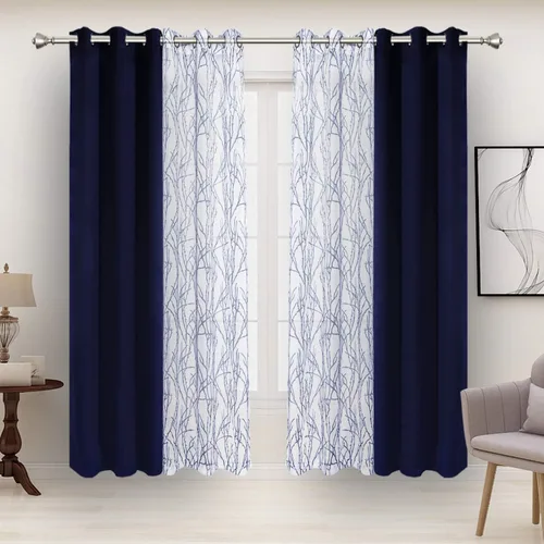 Miniatura 20 de BONZER Cortinas para Mezclar y Combinar - 2 Piezas de Cortinas Transparentes con Estampado de Ramas y 2 Piezas de Cortinas Opacas para Dormitorio