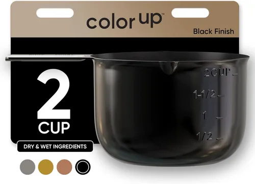 Color Up Taza de Medida de 2 Tazas, Cucharón de Medición de Acero Inoxidable de 480ml en Negro, Canaletas Fáciles de Verter, Marcados Grabados, para