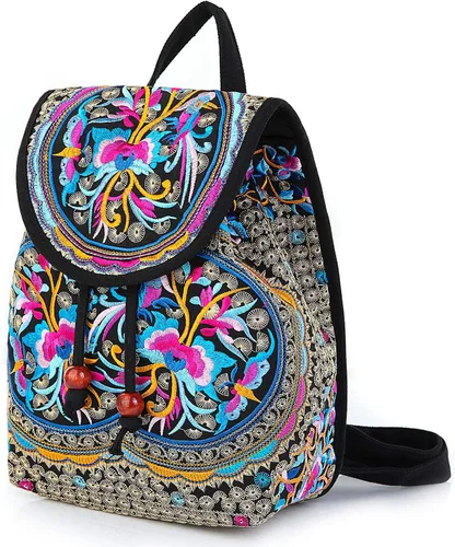 Miniatura 2 de MAZEXY Mochila bordada para mujer, bolso de hombro bohemio, bolso cruzado de flores étnicas vintage, Zafiro rojo, Causal