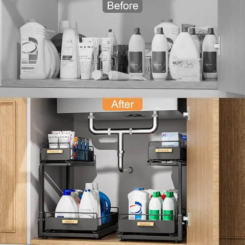 Miniatura 7 de Organizador bajo el fregadero, Organizador de 2 niveles alto y ajustable bajo el fregadero de la cocina, estante de almacenamiento multiuso