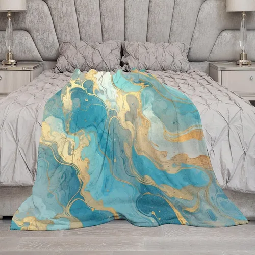 Miniatura 6 de Manta con textura de mármol, turquesa, verde azulado, dorado, cálida, franela dorada y verde esmeralda, acogedora manta de felpa cálida y ligera