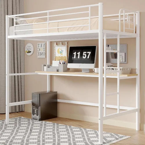 VECELO Cama alta tamaño individual con escritorio, base de cama de metal con escalera extraíble y barandilla de seguridad, no necesita somier,