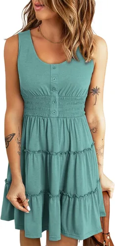 Dokotoo Vestidos de verano para mujer, sin mangas, con botones, cintura elástica, volantes, escalonados, casual, con vuelo, mini vestido