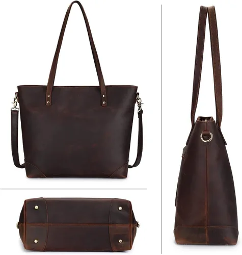 Miniatura 7 de S-ZONE - Bolso de mano de piel auténtica vintage para portátil, Bolsa de trabajo para mujeres con bolsillo trasero con cremallera