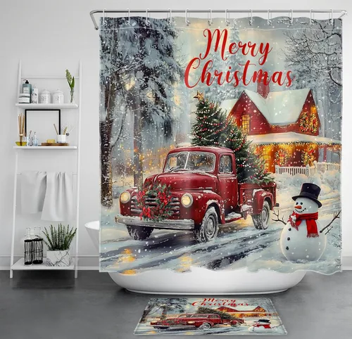 Miniatura 20 de LB Cortina de ducha de árbol de Navidad para baño, cortina de ducha abstracta de tela de pino nevado rosa y verde con ganchos, juego de cortina