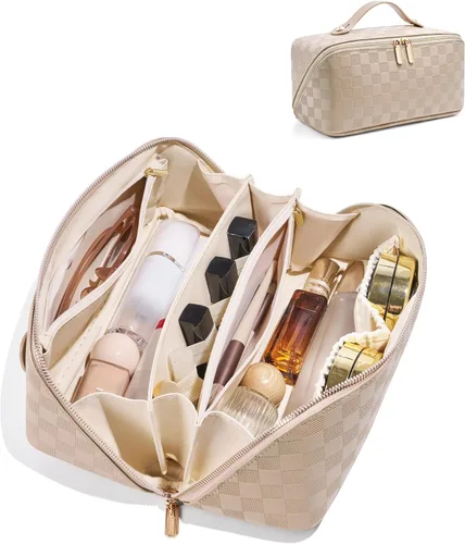 Miniatura 18 de Bolsa de cosméticos de viaje de gran capacidad - Bolsas de maquillaje portátiles para mujeres, impermeable, de cuero PU a cuadros, con organizador