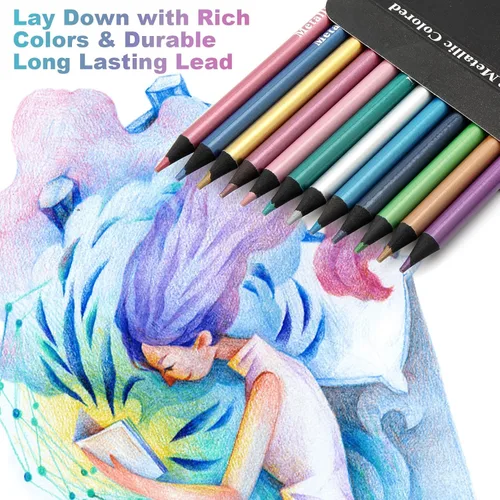 Miniatura 7 de ofone Lápices de colores metálicos, juego de 12 lápices de dibujo profesionales para libros de colorear para adultos, suministros de arte