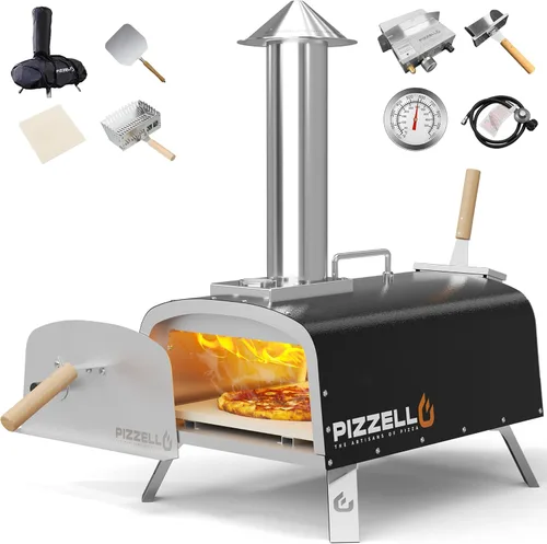 PIZZELLO Horno de pizza para exteriores de 12 pulgadas, con propano y leña, multicombustible, con quemador de gas, bandeja de madera, piedra, Negro