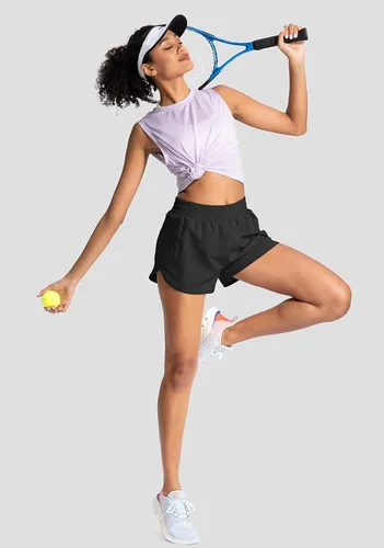 Miniatura 5 de Soothfeel - Pantalones cortos para correr para mujer con bolsillos con cremallera, cintura alta, pantalones cortos de entrenamiento para gimnasio