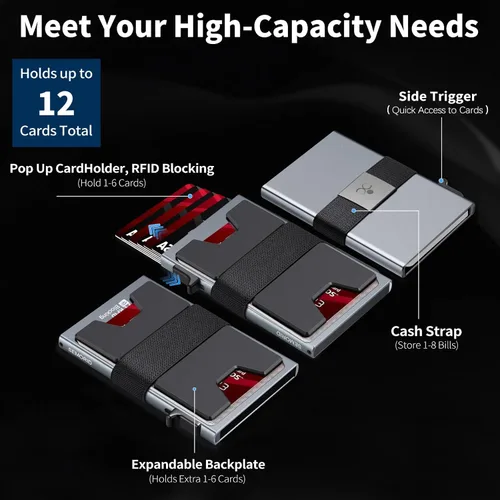 Miniatura 2 de Cartera delgada de aluminio para hombre, placa trasera expandible duradera, bloqueo RFID, billetera desplegable de metal minimalista, con capacidad