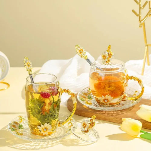Miniatura 5 de Regalo para Mujeres Navidad Cumpleaños Día de la Madre Taza de Té de Vidrio con Tapa Bonita Taza de Café Margarita Flor Vintage (11oz YellowDaisy)