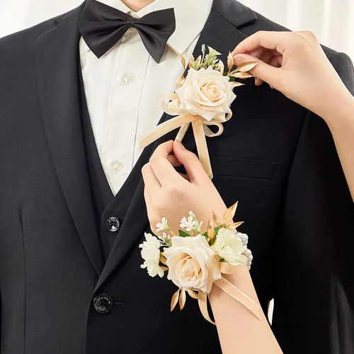 Miniatura 12 de Serwalin Conjunto de Corsage y Boutonniere Rosa, Corsage y Boutonniere de Graduación, Conjunto de Flores de Boda, Accesorios de Homecoming