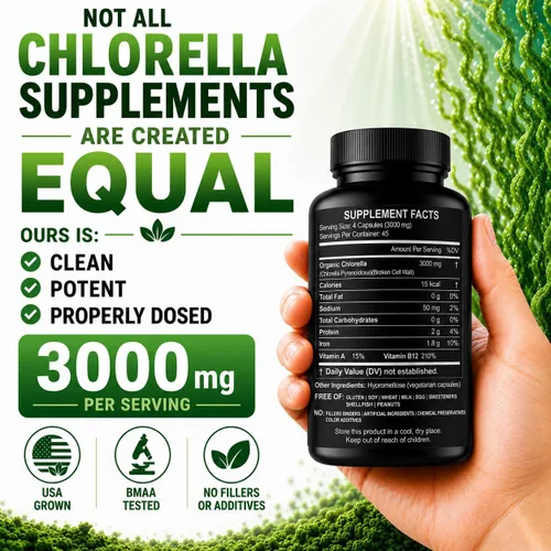 Miniatura 3 de Chlorella Cápsulas 3000 mg – Pared celular agrietada suplemento de algas verdes azules – La mejor limpieza natural de desintoxicación – Vitaminas