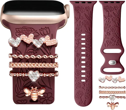 Miniatura 16 de DaQin Banda con Flor Grabada Compatible con Apple Watch, Bandas de 44mm, 42mm, 45mm, 46mm para Mujeres, Correa de Silicona Suave con Decoración