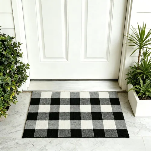 Miniatura 34 de SEEKSEE Alfombra de Algodón a Cuadros Buffalo de 27.5"x43" Alfombra a Cuadros Blanco y Negro Lavable Tapetes para Puerta Interior Exterior Alfombras