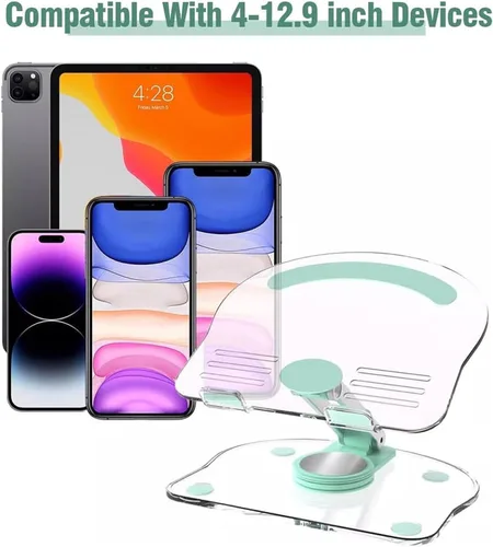 Miniatura 8 de Soporte acrílico para tablet con base giratoria de 360°, soporte plegable ajustable transparente para escritorio, oficina en casa, compatible