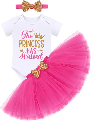 Miniatura 12 de Conjunto de ropa brillante para recién nacidas para niñas recién nacidas, mameluco de princesa + falda tutú + diadema de flores para sesión de fotos