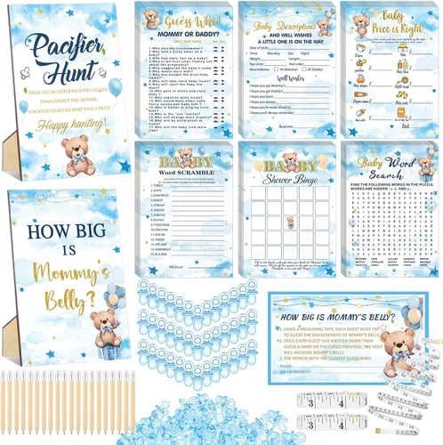 Miniatura 8 de Sherr Juego de 424 chupetes para baby shower, incluye letrero de caza y 50 chupetes acrílicos, Bingo Price Guess How Is Big Search for Brown Baby