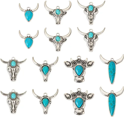Miniatura 13 de 16 dijes occidentales de 8 estilos para hacer joyas, dijes vintage de turquesa de plata antigua, estilo tibetano, para mujeres y hombres, aretes