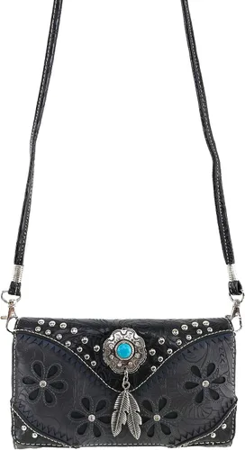 Miniatura 3 de Zelris Floral Western Pu Tooled Cuero Turquesa Concho Plumas Crossbody Cartera Trifold, Negro